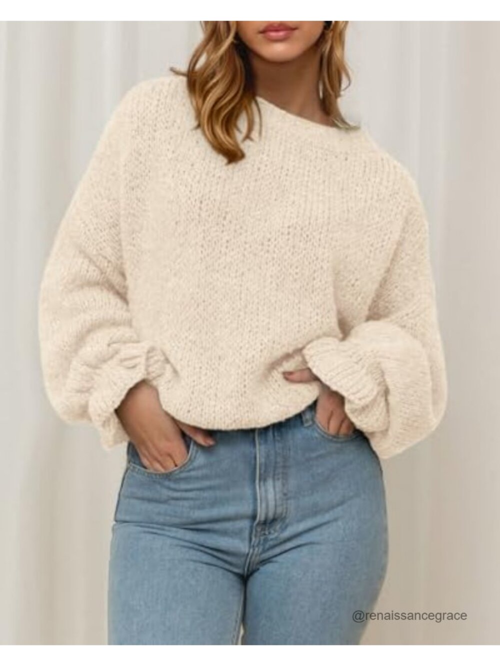 Oversized Chunky Knit Sweater Womens Lantern Sleeve Ruffle Cuff Crew Neck Loose